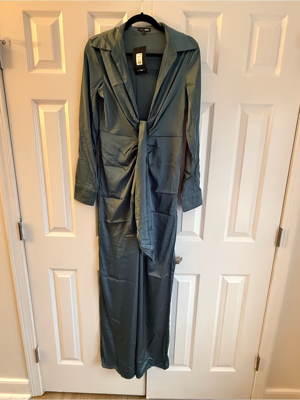 Fashion Nova Satin Jumpsuit in Slate Blue-Green